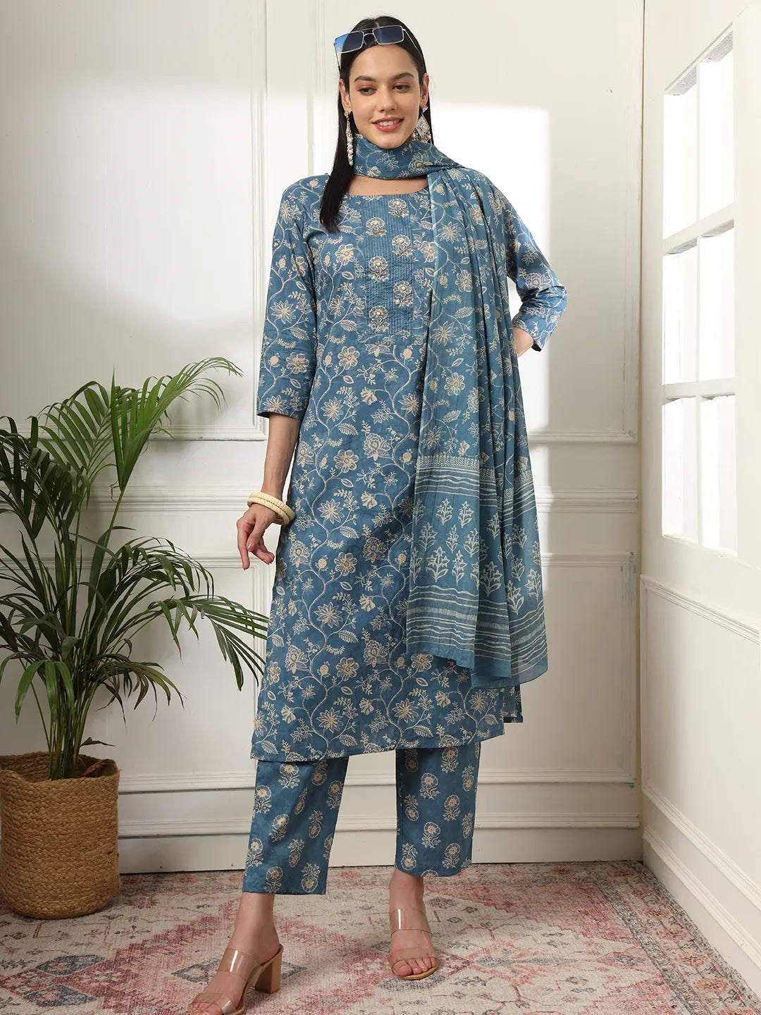 Pure Cotton Straight Blue Kurta Dupatta Set-Yufta Store-6169SKDBLM