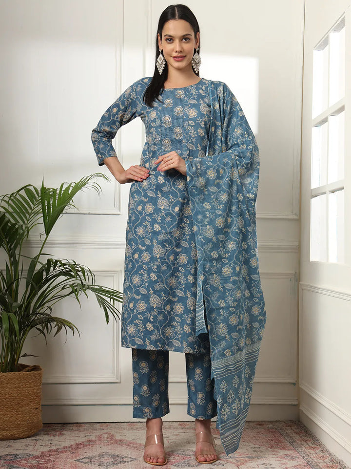 Pure Cotton Straight Blue Kurta Dupatta Set-Yufta Store-6169SKDBLM