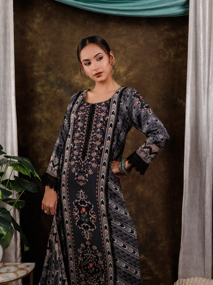 Pure Muslin Silk Black Ethnic Motifs Kurta Dupatta Set-Yufta Store-7071SKDBKS