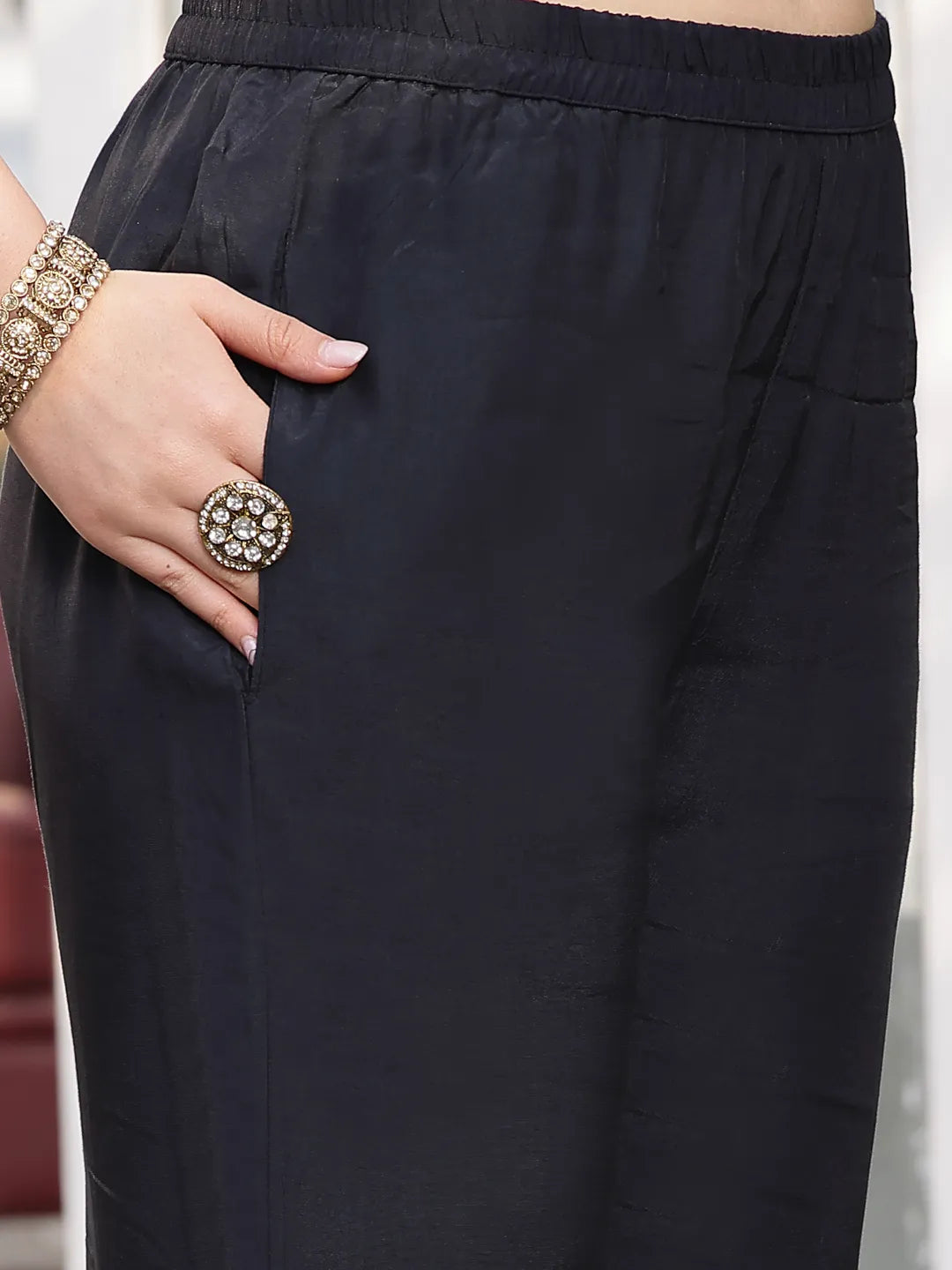 Pure Russian Silk Black Kurta Dupatta Pant Set