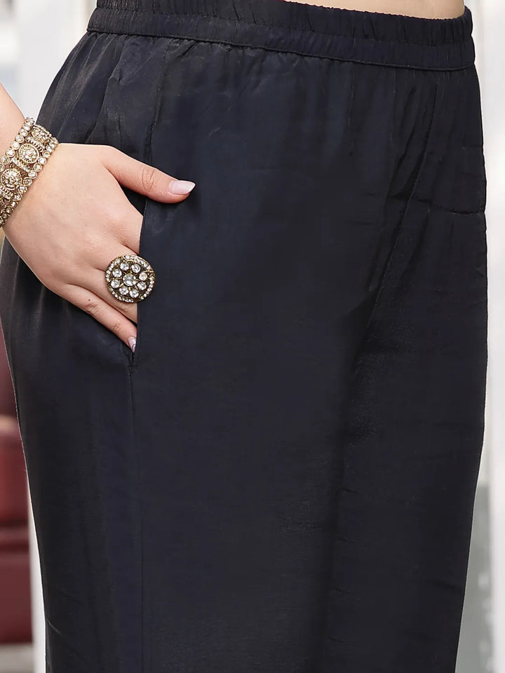 Pure Russian Silk Black Kurta Dupatta Pant Set
