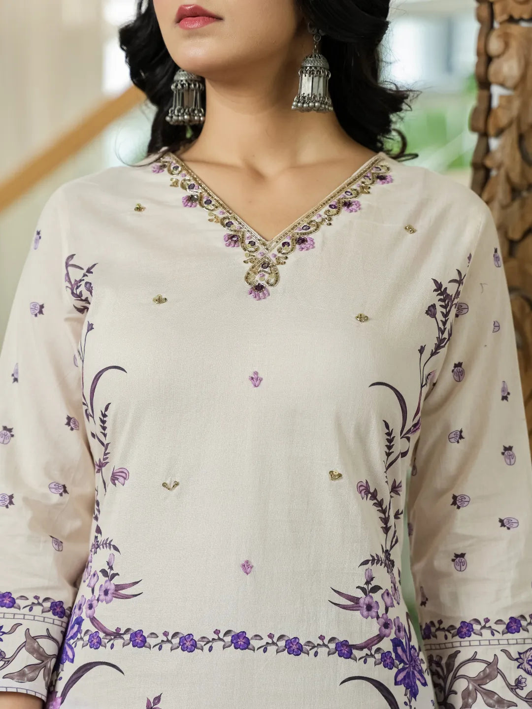 Purple And Off White Cotton Straight Beads And Stones Kurta Dupatta Set