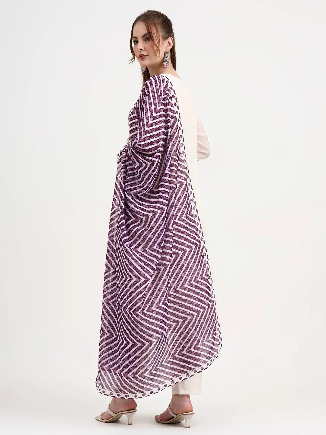 Purple And Off White Mul Chanderi Silk Anarkali Kurta Trouser Dupatta Set