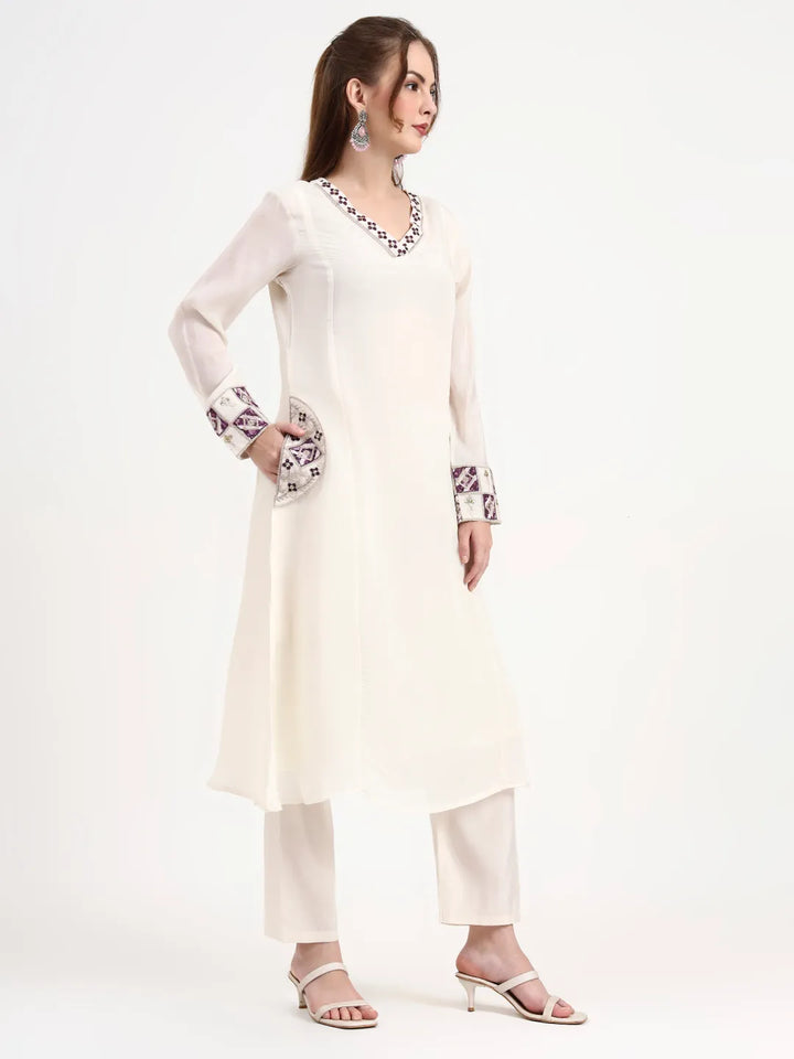 Purple And Off White Mul Chanderi Silk Anarkali Kurta Trouser Dupatta Set