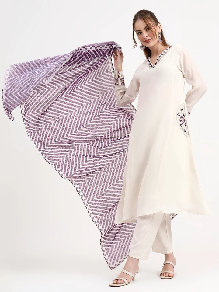 Purple And Off White Mul Chanderi Silk Anarkali Kurta Trouser Dupatta Set