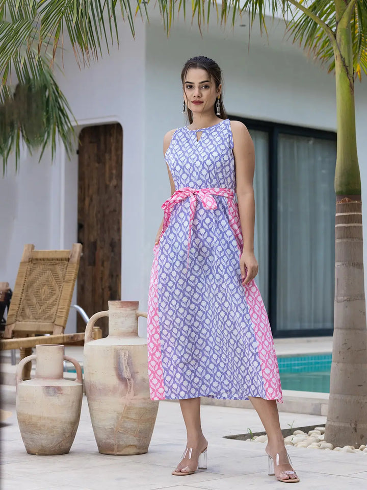 Purple And Pink Pure Cotton Colour Blocking Dress-Yufta Store-1057DRSPRS