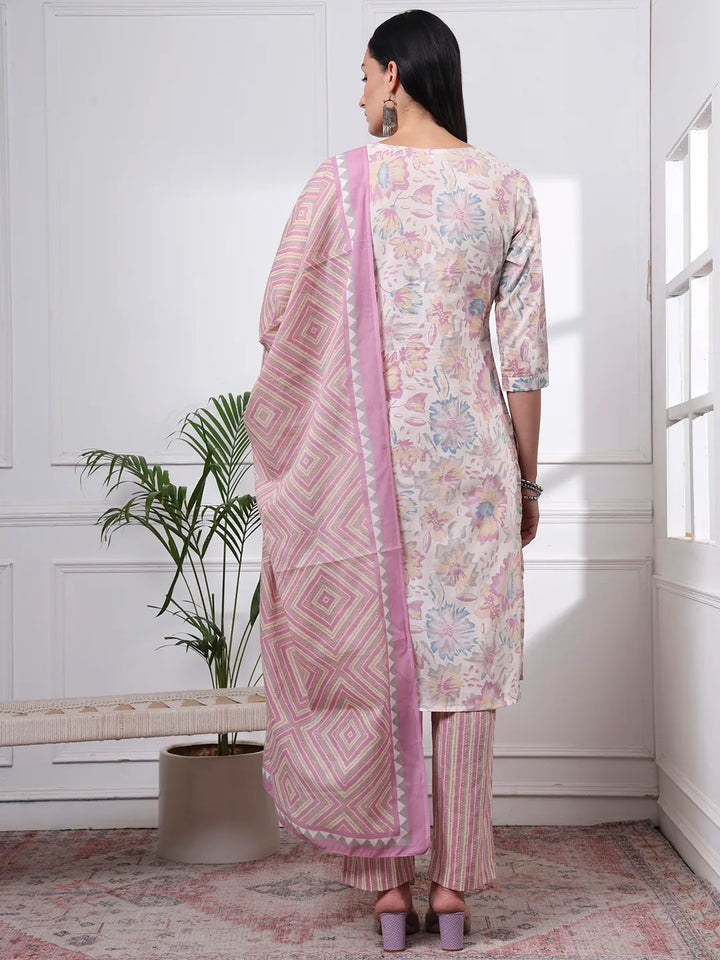 Purple And White Floral Print Straight Kurta Trouser Dupatta Set