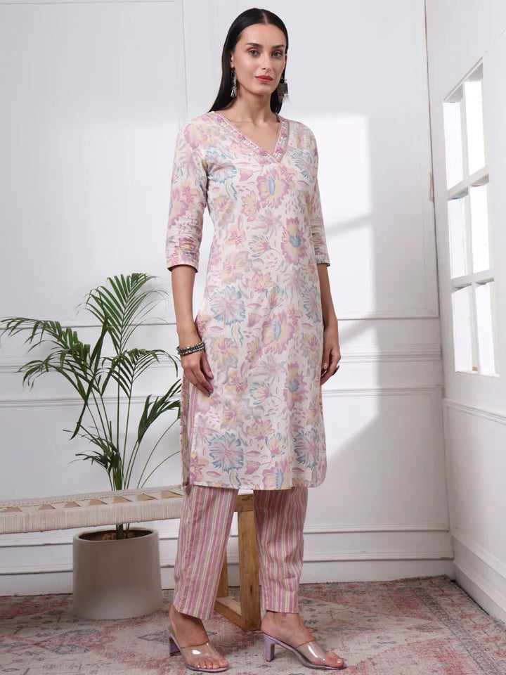 Purple And White Floral Print Straight Kurta Trouser Dupatta Set