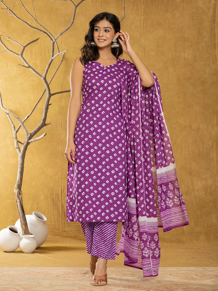 Purple Bandhani Cotton Straight Kurta Trouser & Dupatta Set-Yufta Store-6905SKDPRS