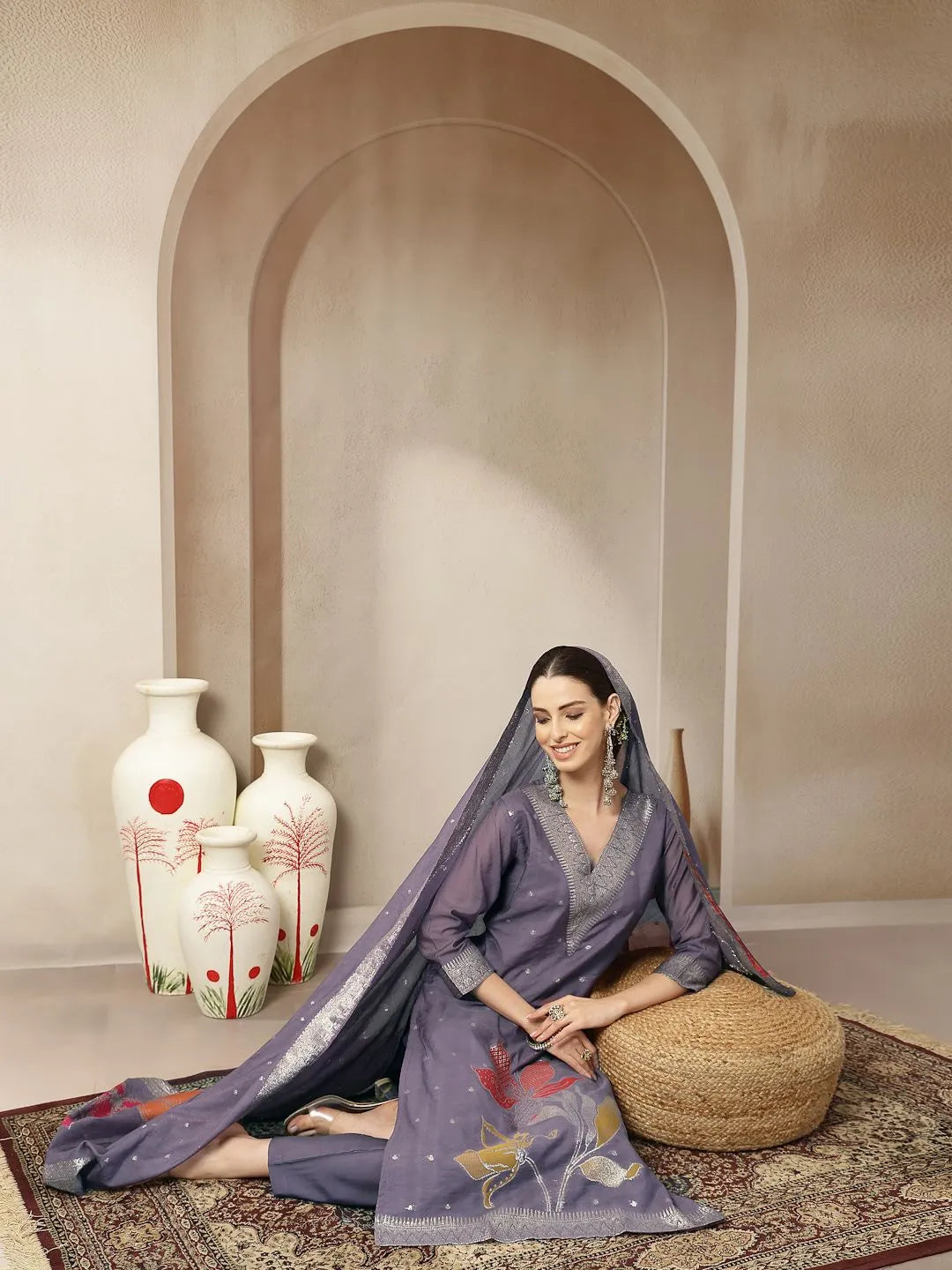 Purple Chanderi Silk Floral Golden Print Straight Kurta Trouser Dupatta Set