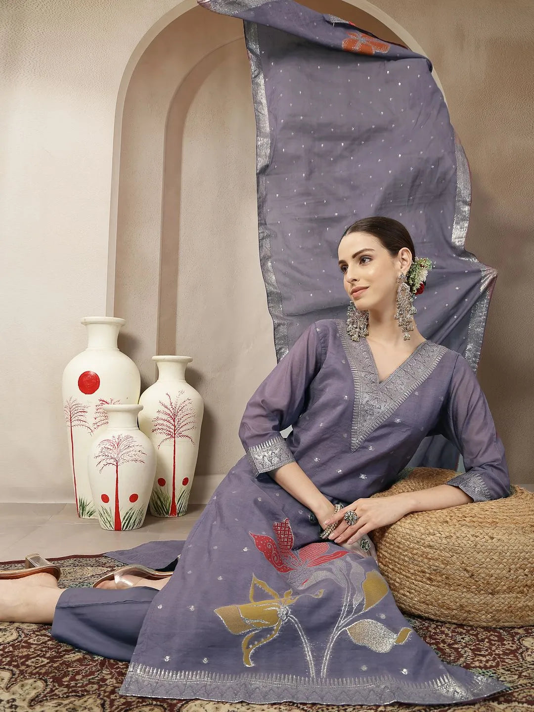 Purple Chanderi Silk Floral Golden Print Straight Kurta Trouser Dupatta Set