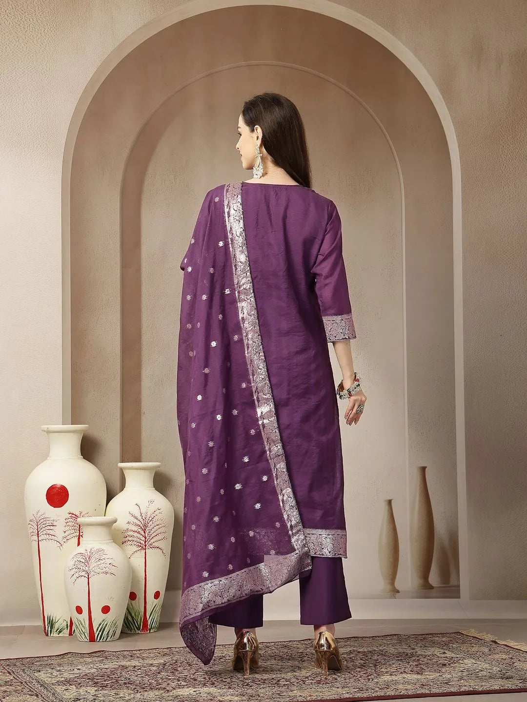Purple Chanderi Silk Floral Straight Kurta Trouser Dupatta Set