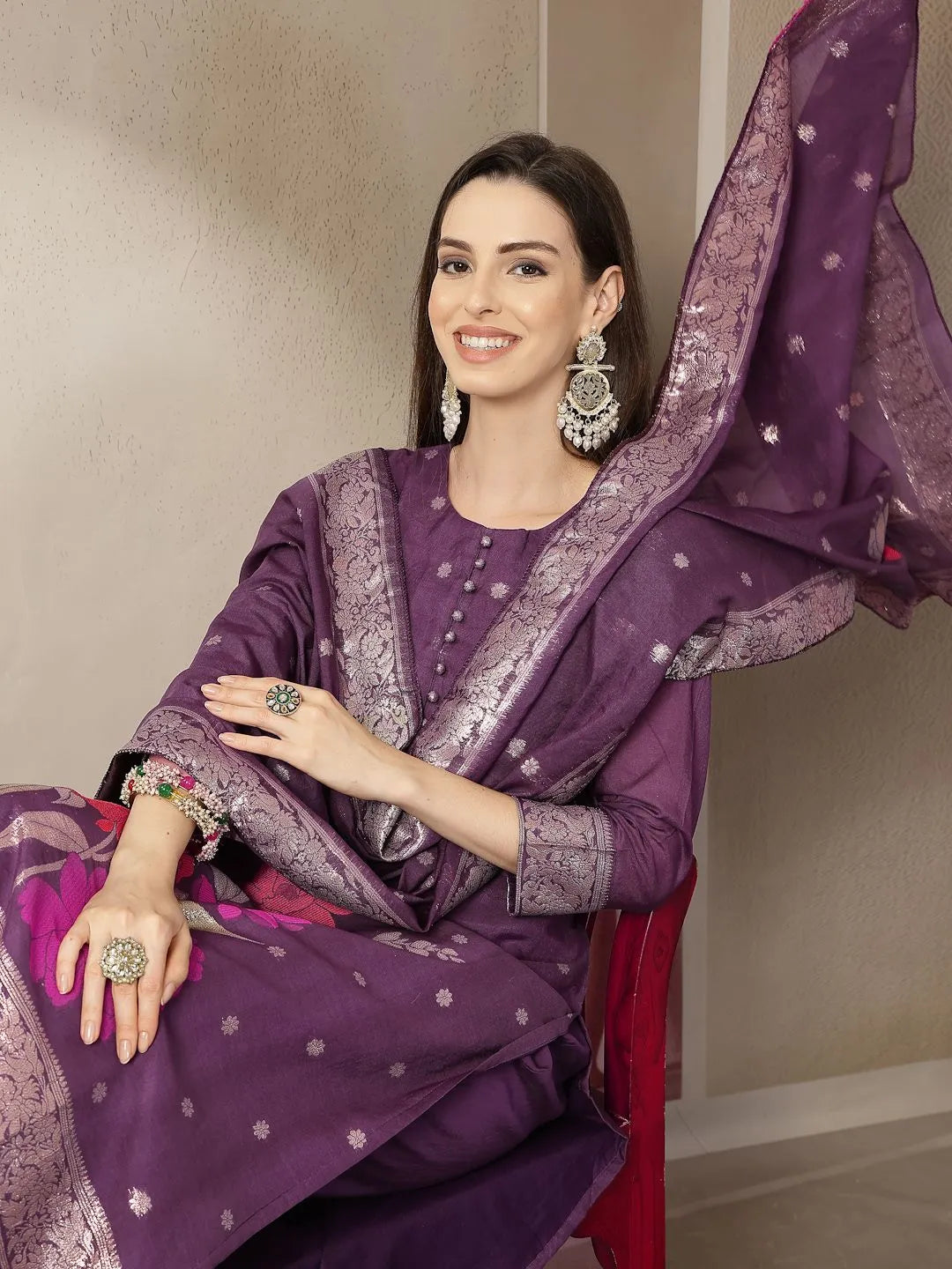 Purple Chanderi Silk Floral Straight Kurta Trouser Dupatta Set
