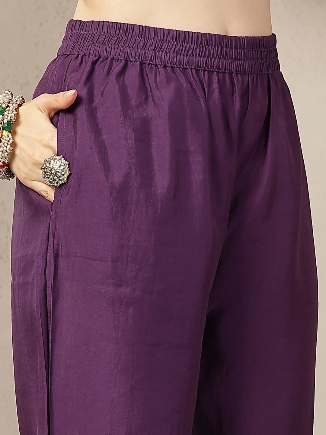 Purple Chanderi Silk Floral Straight Kurta Trouser Dupatta Set