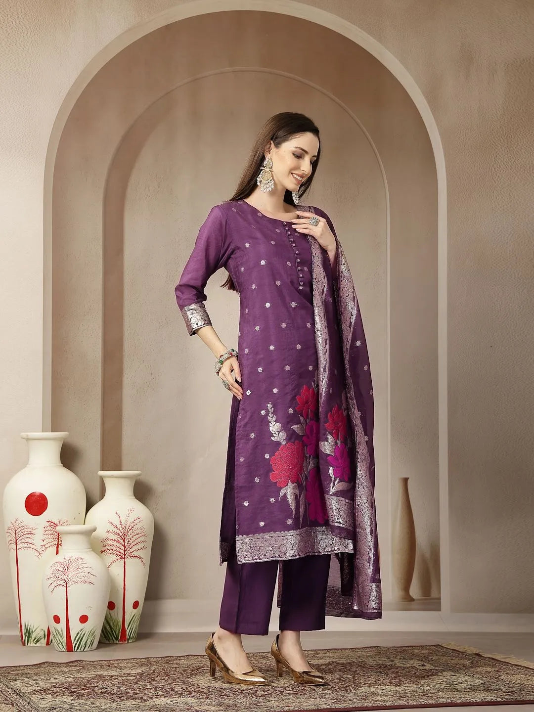 Purple Chanderi Silk Floral Straight Kurta Trouser Dupatta Set