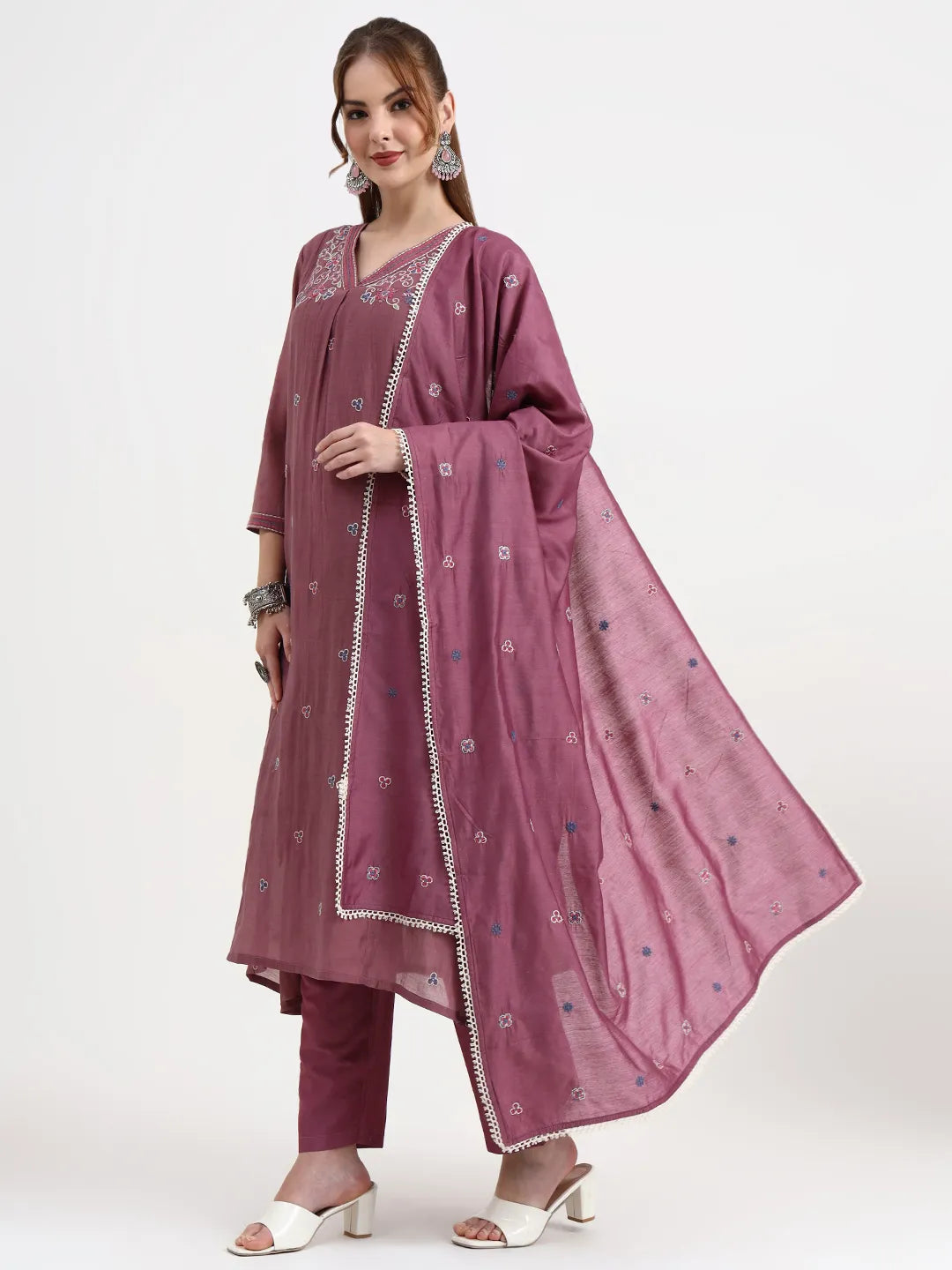 Purple Chanderi Silk Kantha Work Anarkali Kurta Trouser Dupatta Set