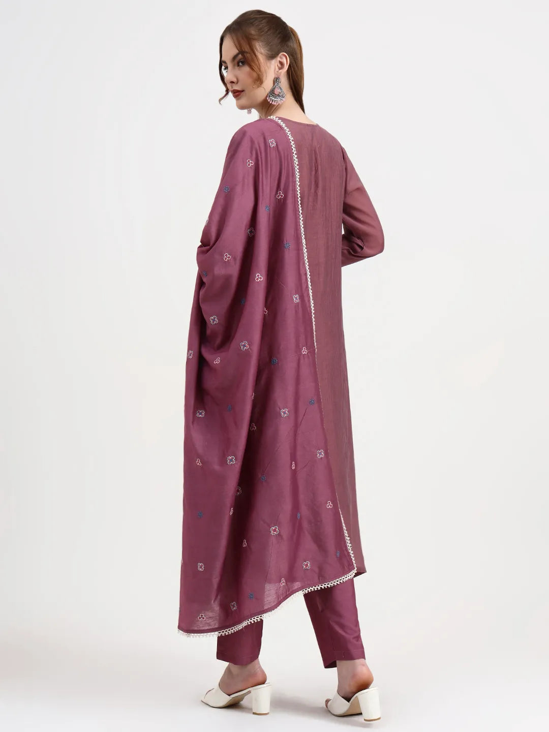 Purple Chanderi Silk Kantha Work Anarkali Kurta Trouser Dupatta Set