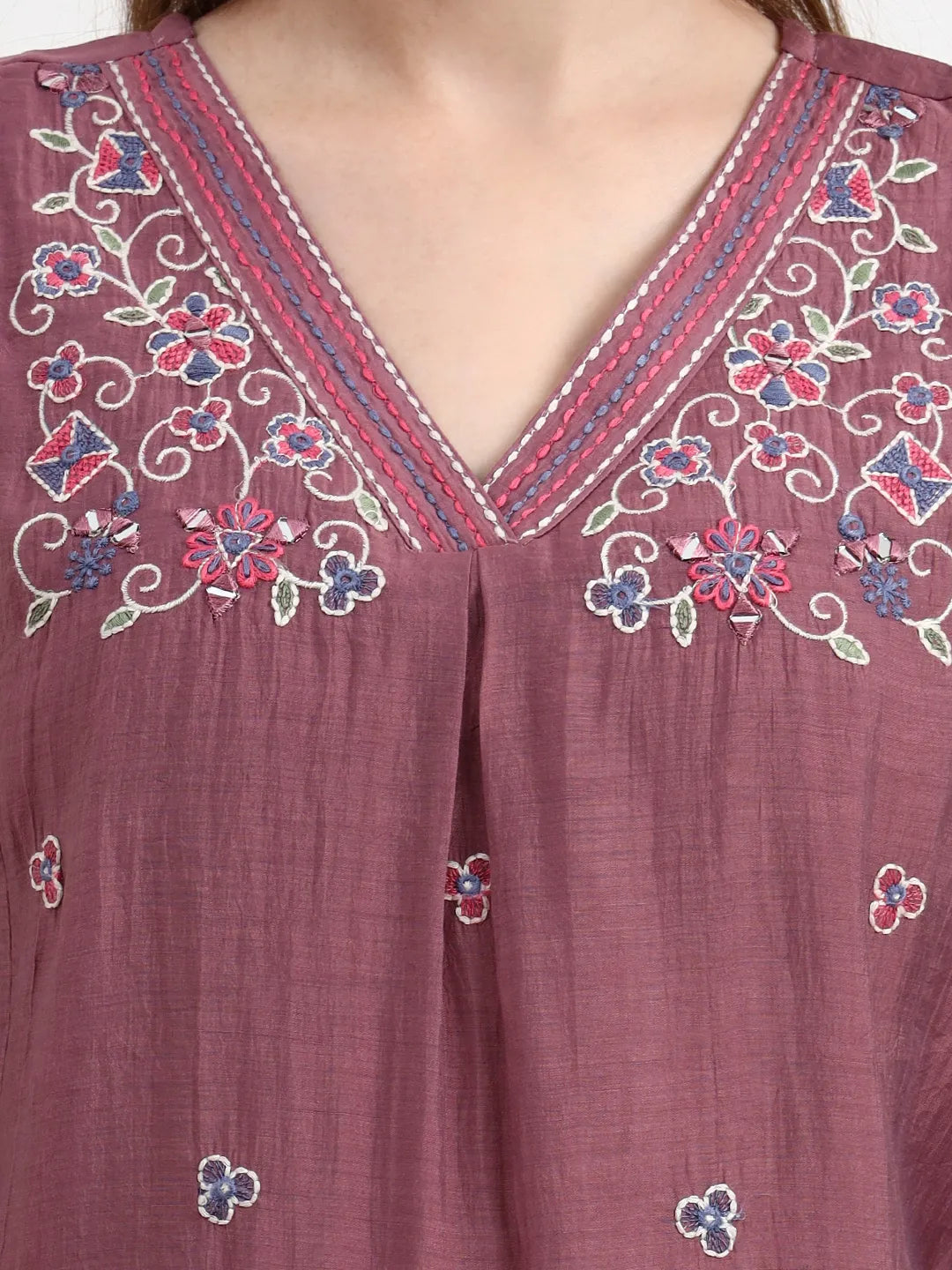 Purple Chanderi Silk Kantha Work Anarkali Kurta Trouser Dupatta Set