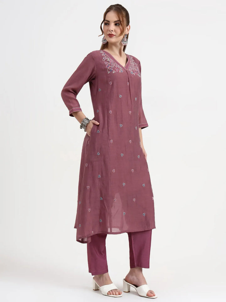 Purple Chanderi Silk Kantha Work Anarkali Kurta Trouser Dupatta Set