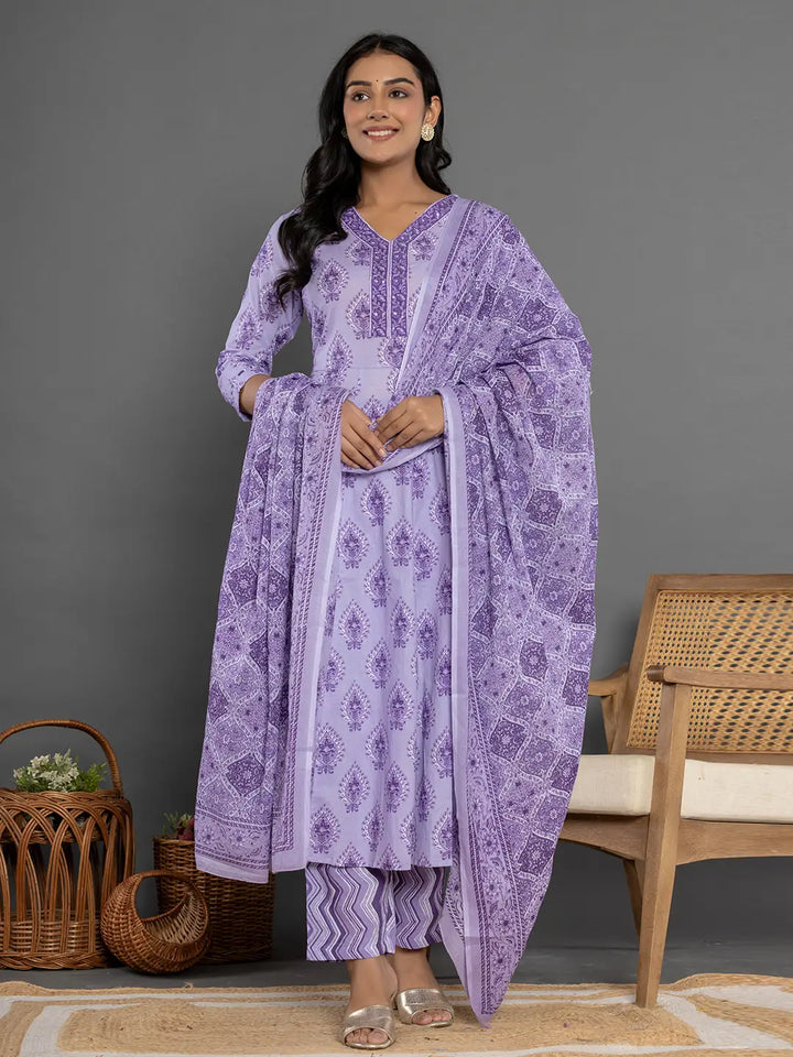 Purple Cotton Ethnic Motifs Kurta Duppta Set-Yufta Store-6011SKDPRS