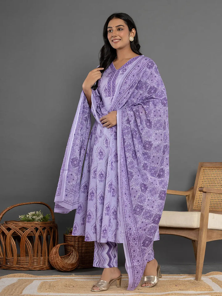 Purple Cotton Ethnic Motifs Kurta Duppta Set-Yufta Store-6011SKDPRS