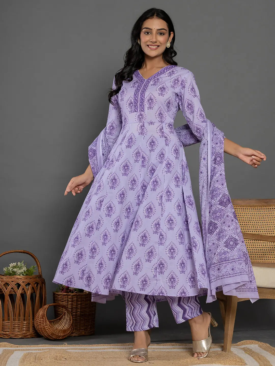 Purple Cotton Ethnic Motifs Kurta Duppta Set-Yufta Store-6011SKDPRS