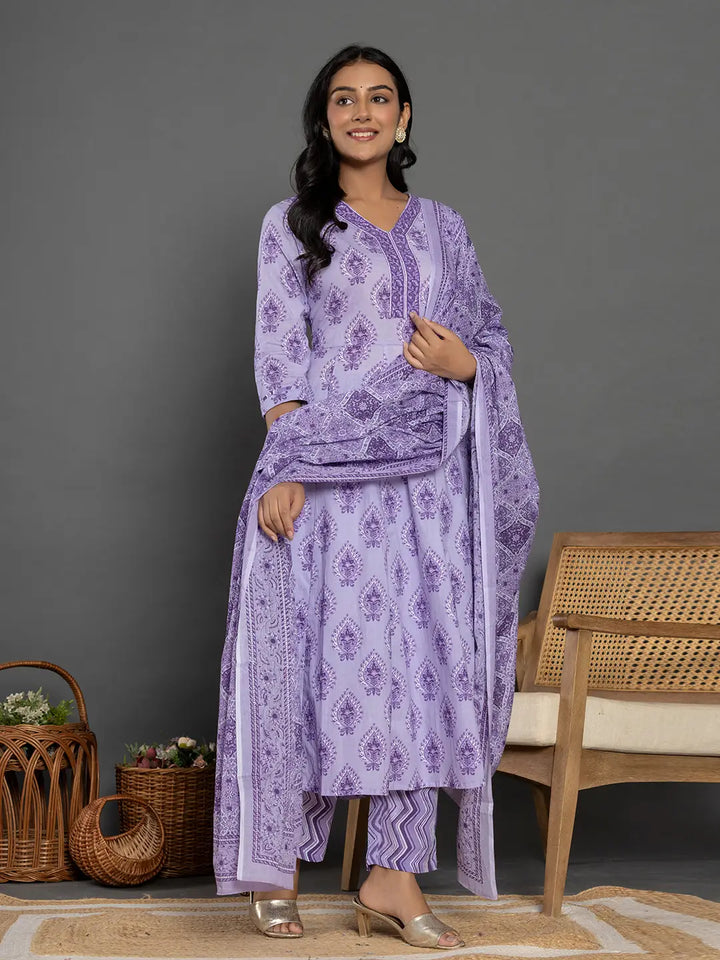 Purple Cotton Ethnic Motifs Kurta Duppta Set-Yufta Store-6011SKDPRS