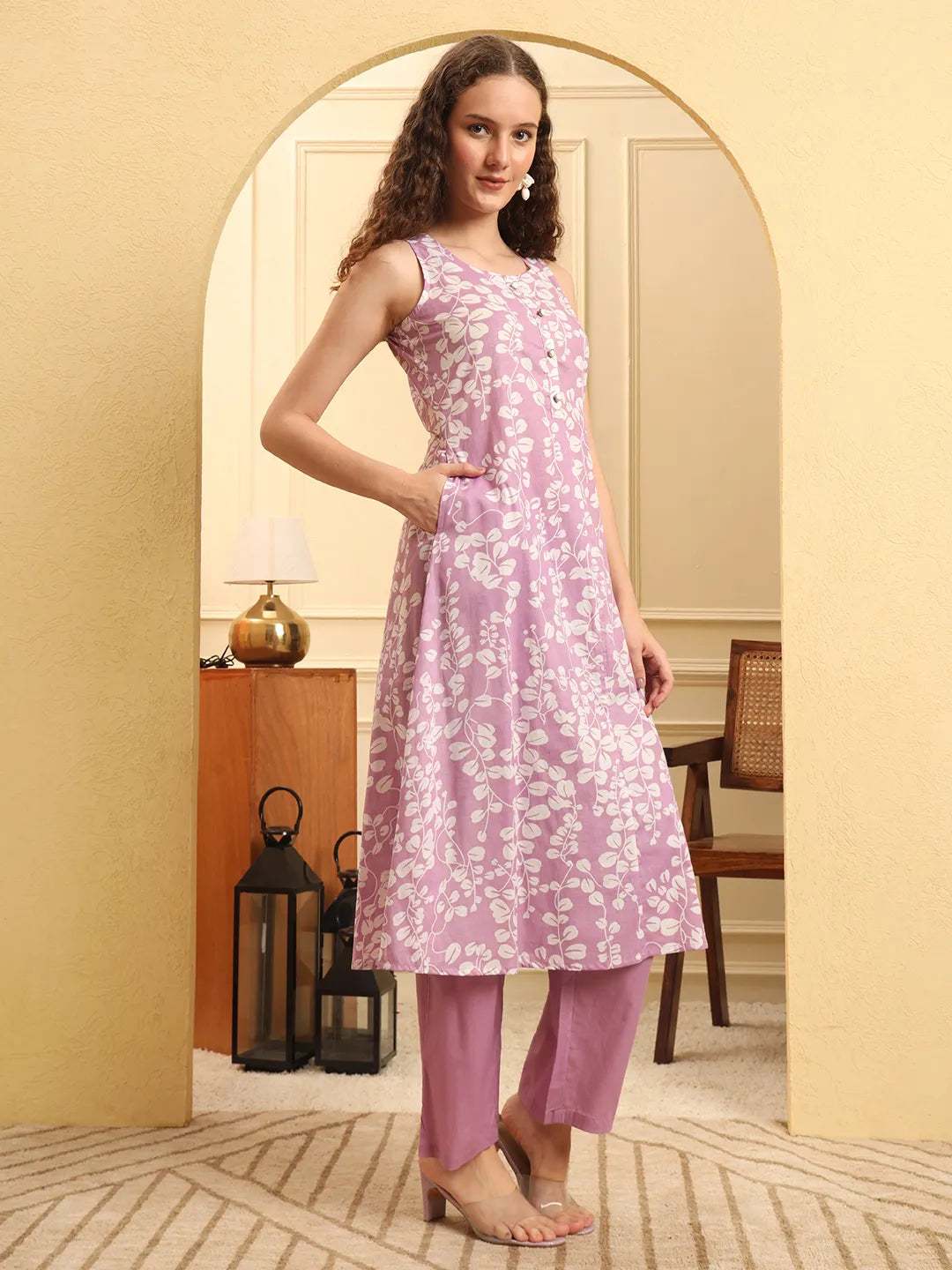 Purple Cotton Flared Kurta Set