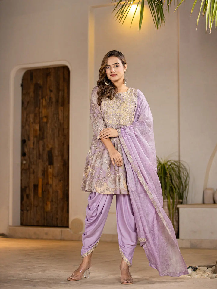 Purple Cotton Peplum Dhoti Dupatta Set-Yufta Store-6832SKDPRS