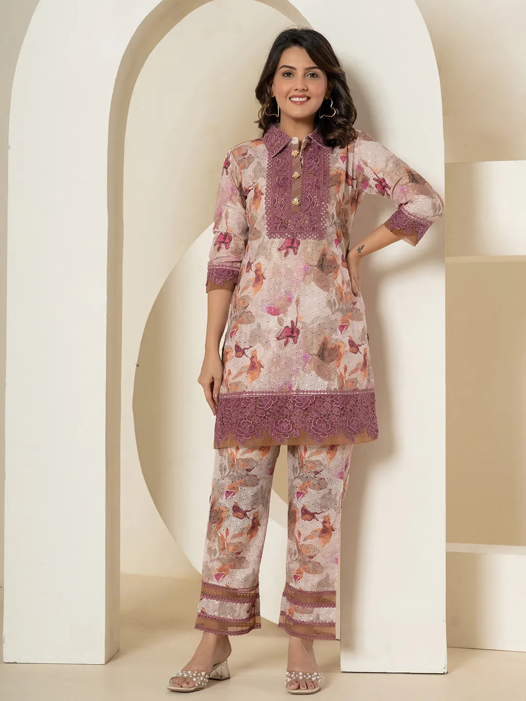 Purple Cotton Schiffli Co-Ord Set With Lace Detailing-Yufta Store-7191CRDPRS