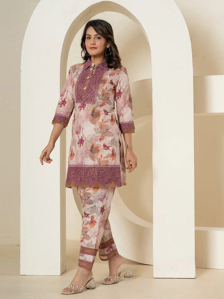 Purple Cotton Schiffli Co-Ord Set With Lace Detailing-Yufta Store-7191CRDPRS