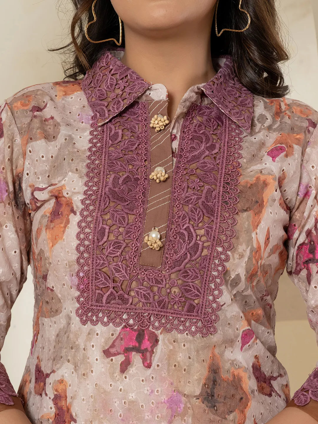 Purple Cotton Schiffli Co-Ord Set With Lace Detailing-Yufta Store-7191CRDPRS