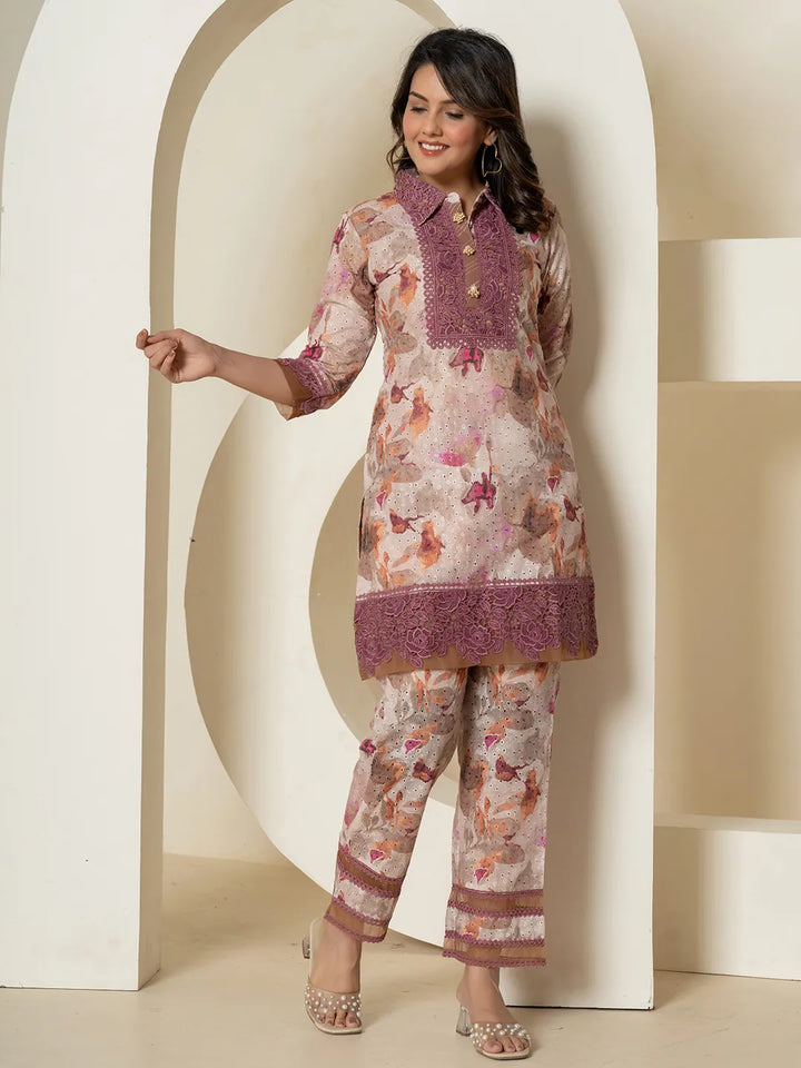 Purple Cotton Schiffli Co-Ord Set With Lace Detailing-Yufta Store-7191CRDPRS