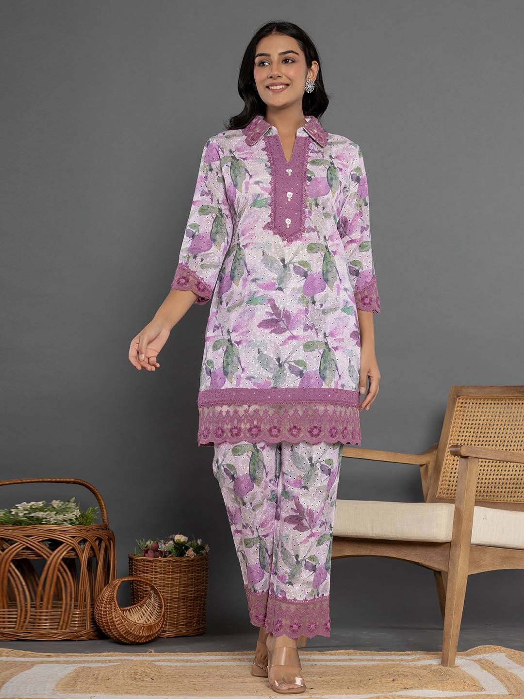 Purple Cotton Schiffli Co-Ord Set With Lace-Yufta Store-7193CRDPRS