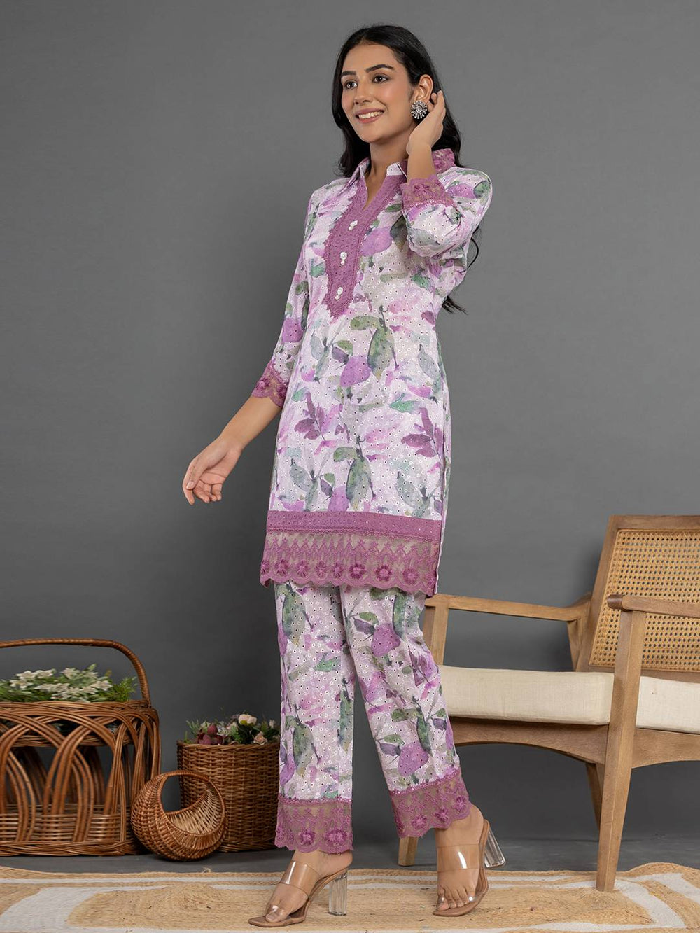 Purple Cotton Schiffli Co-Ord Set With Lace-Yufta Store-7193CRDPRS