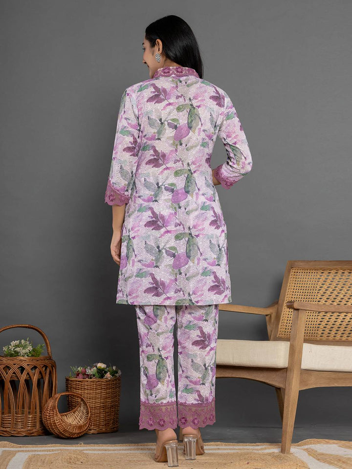 Purple Cotton Schiffli Co-Ord Set With Lace-Yufta Store-7193CRDPRS