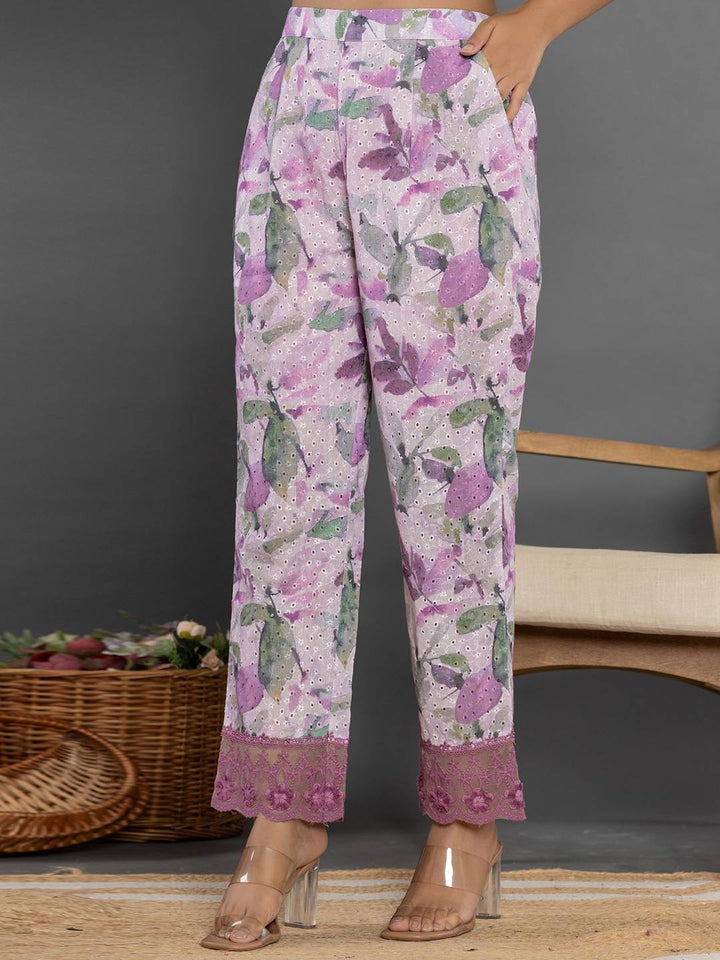 Purple Cotton Schiffli Co-Ord Set With Lace-Yufta Store-7193CRDPRS