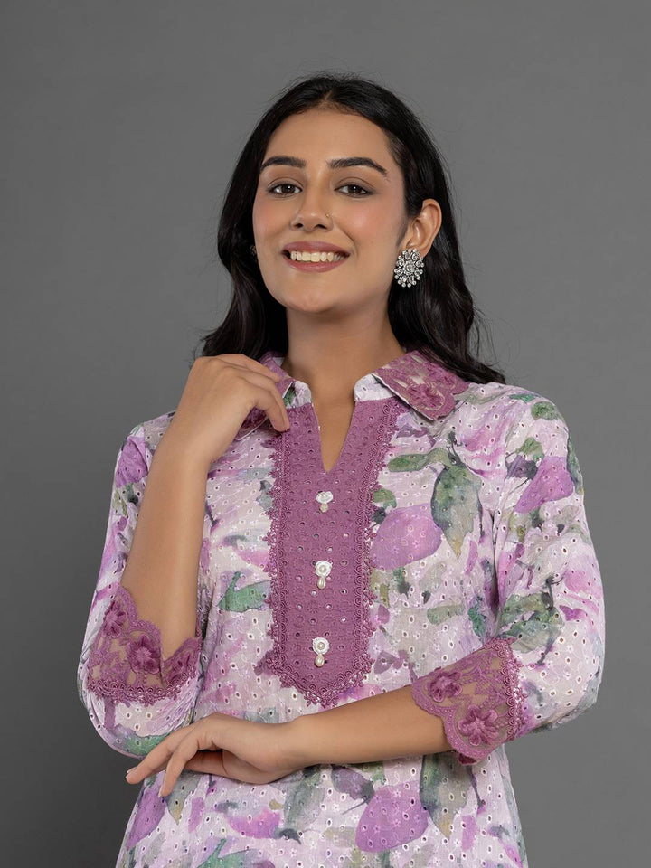 Purple Cotton Schiffli Co-Ord Set With Lace-Yufta Store-7193CRDPRS