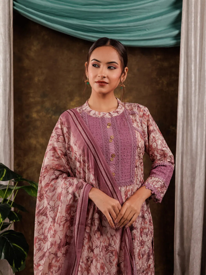 Purple Cotton Schiffli Kurta Dupatta Set With Lace Detailing-Yufta Store-7188SKDPRS