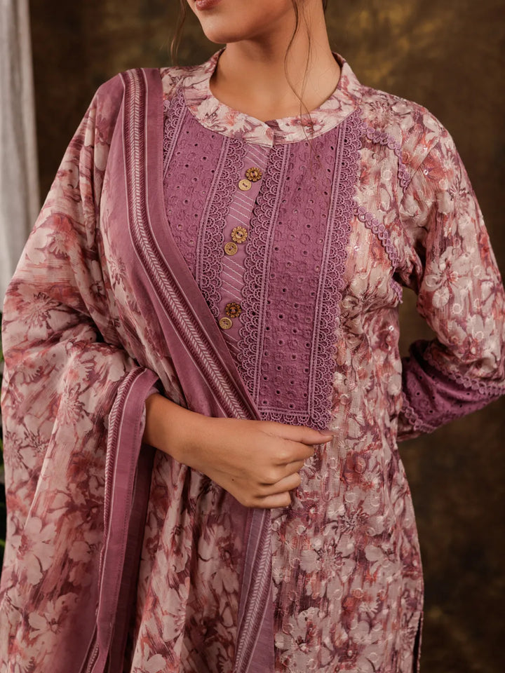 Purple Cotton Schiffli Kurta Dupatta Set With Lace Detailing-Yufta Store-7188SKDPRS