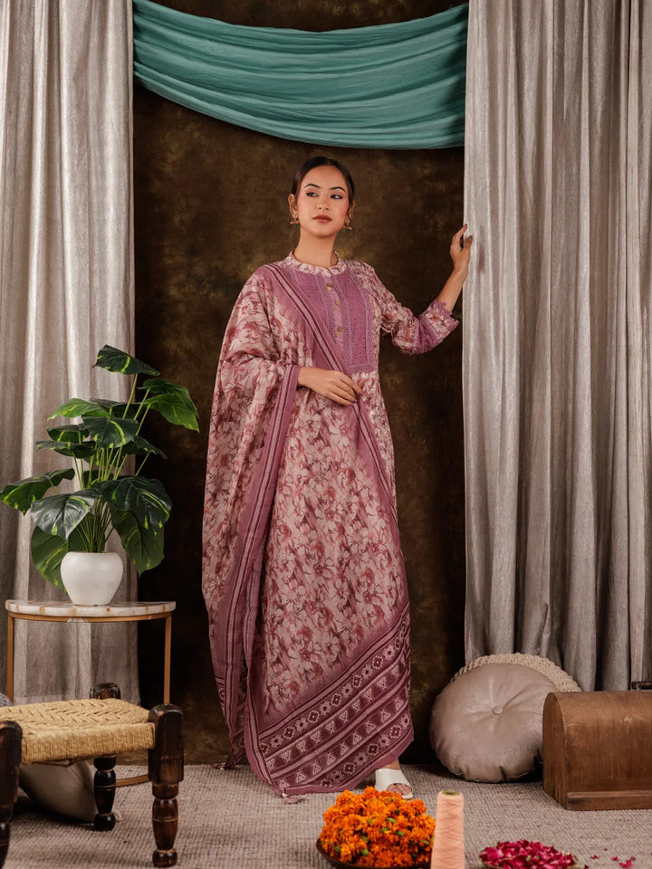 Purple Cotton Schiffli Kurta Dupatta Set With Lace Detailing-Yufta Store-7188SKDPRS