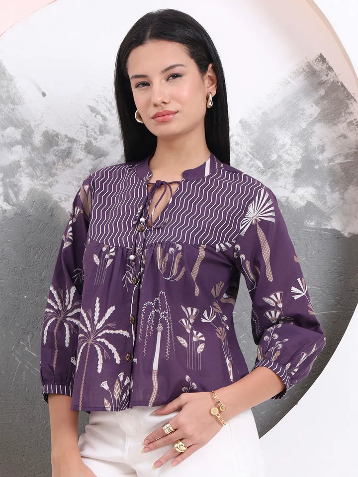 Purple Cotton Three Quarter Puffed Sleeves Top