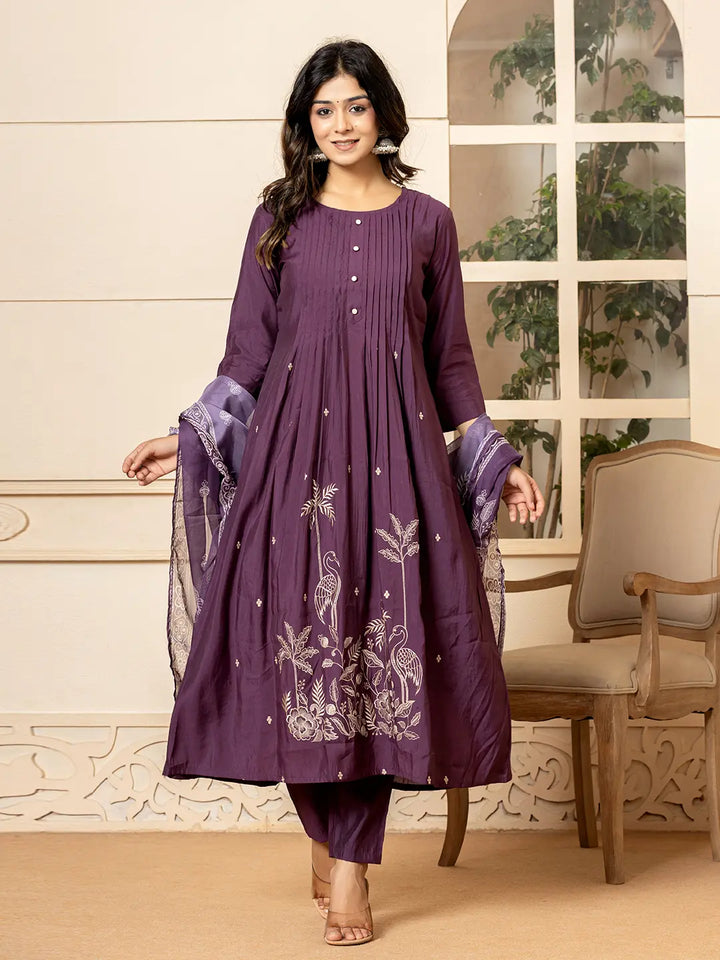 Purple Embroidered A-Line Kurta Dupatta Pant Set-Yufta Store-7023SKDPRS