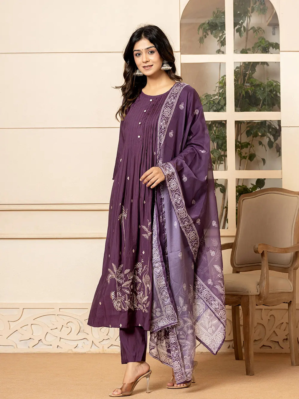 Purple Embroidered A-Line Kurta Dupatta Pant Set-Yufta Store-7023SKDPRS