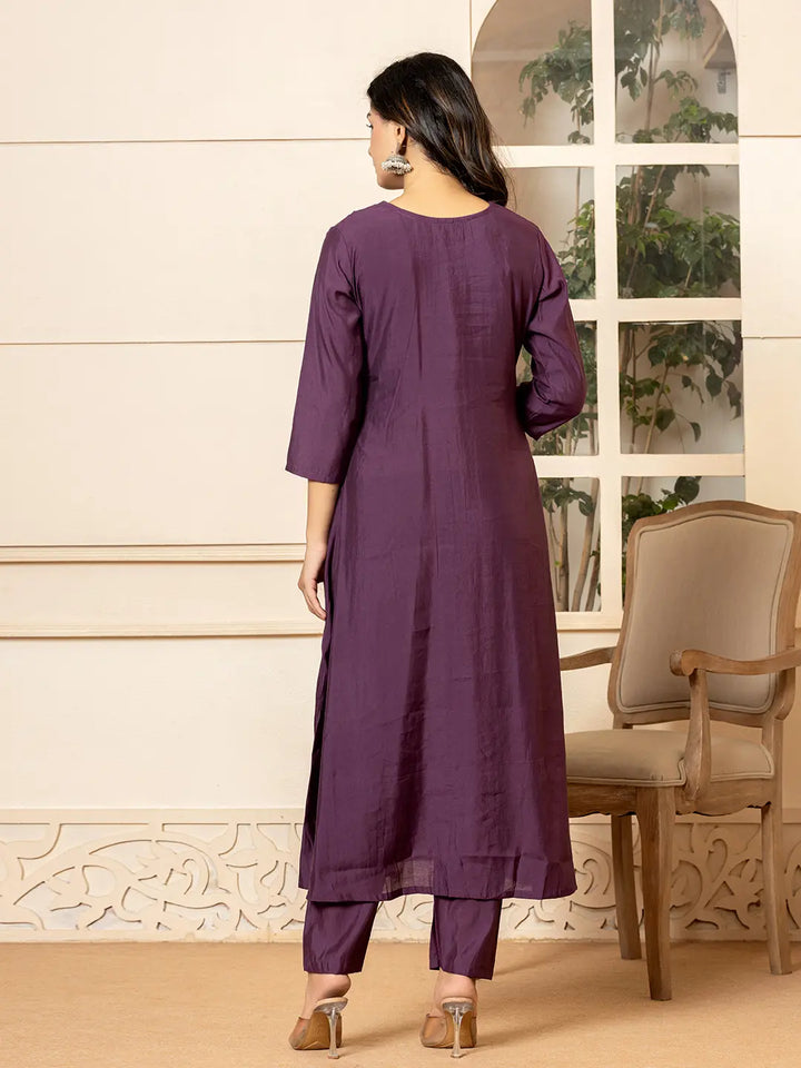 Purple Embroidered A-Line Kurta Dupatta Pant Set-Yufta Store-7023SKDPRS