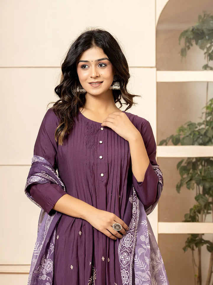 Purple Embroidered A-Line Kurta Dupatta Pant Set-Yufta Store-7023SKDPRS