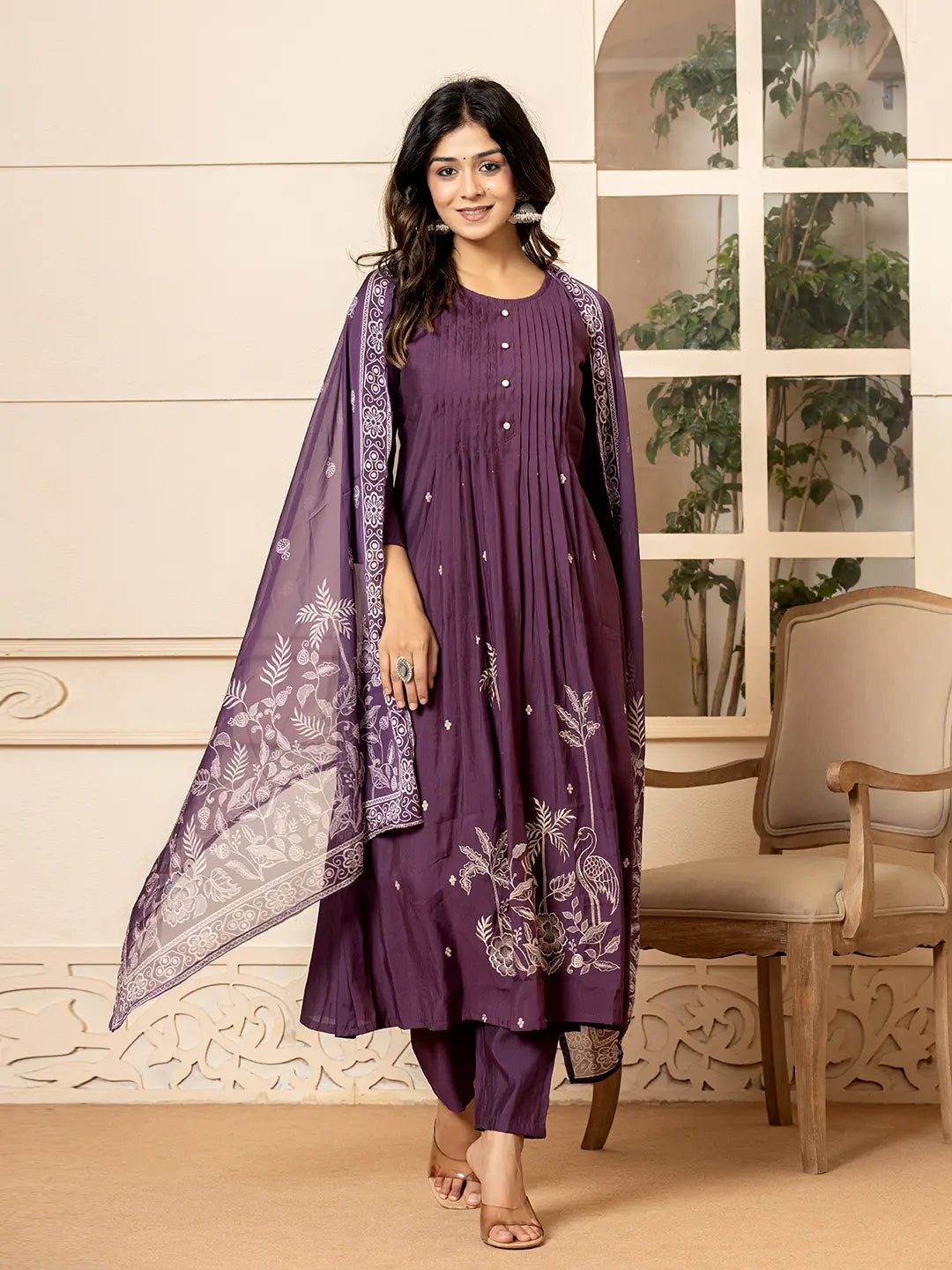 Purple Embroidered A-Line Kurta Dupatta Pant Set-Yufta Store-7023SKDPRS