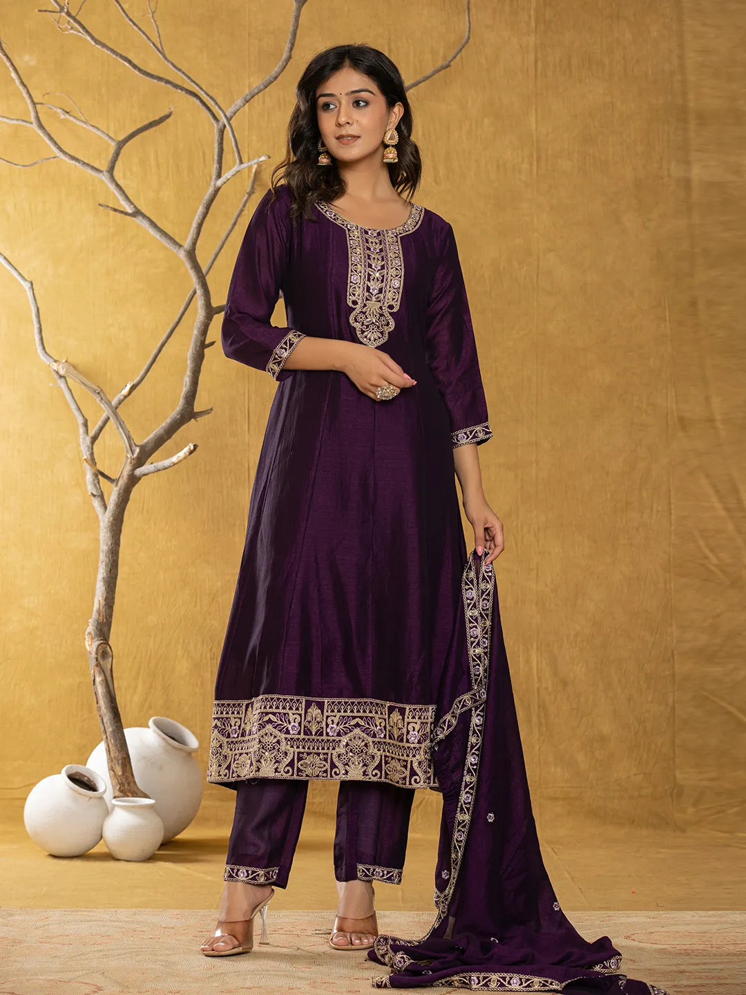 Purple Embroidered Anarkali Kurta Dupatta Set-Yufta Store-7179SKDPRS