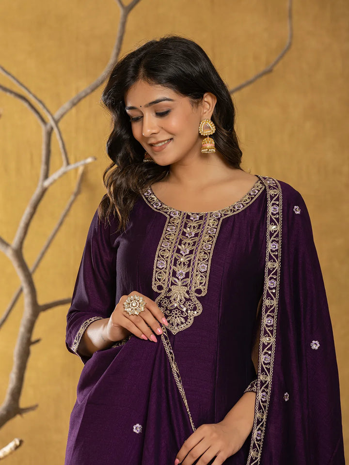 Purple Embroidered Anarkali Kurta Dupatta Set-Yufta Store-7179SKDPRS