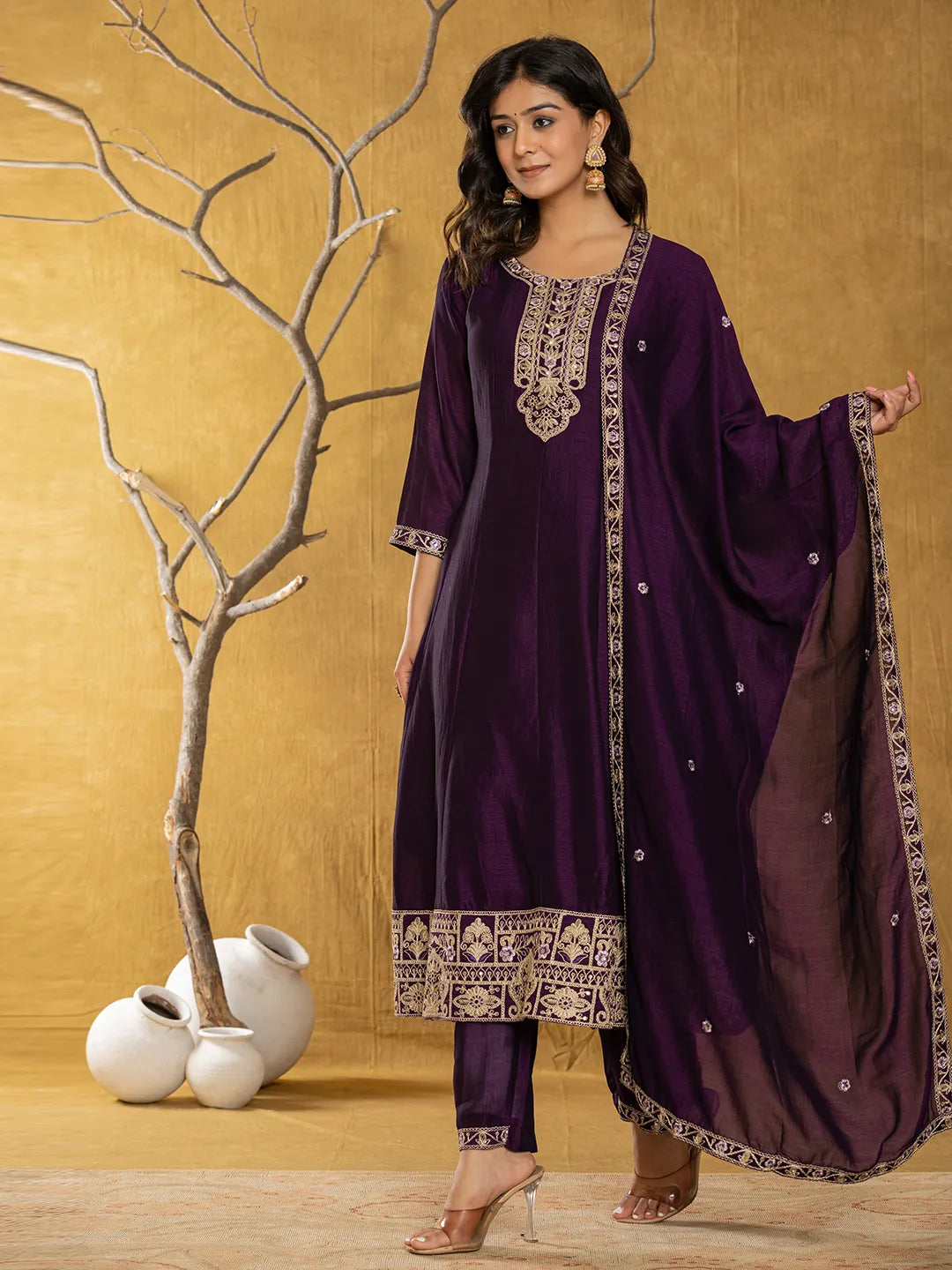 Purple Embroidered Anarkali Kurta Dupatta Set-Yufta Store-7179SKDPRS